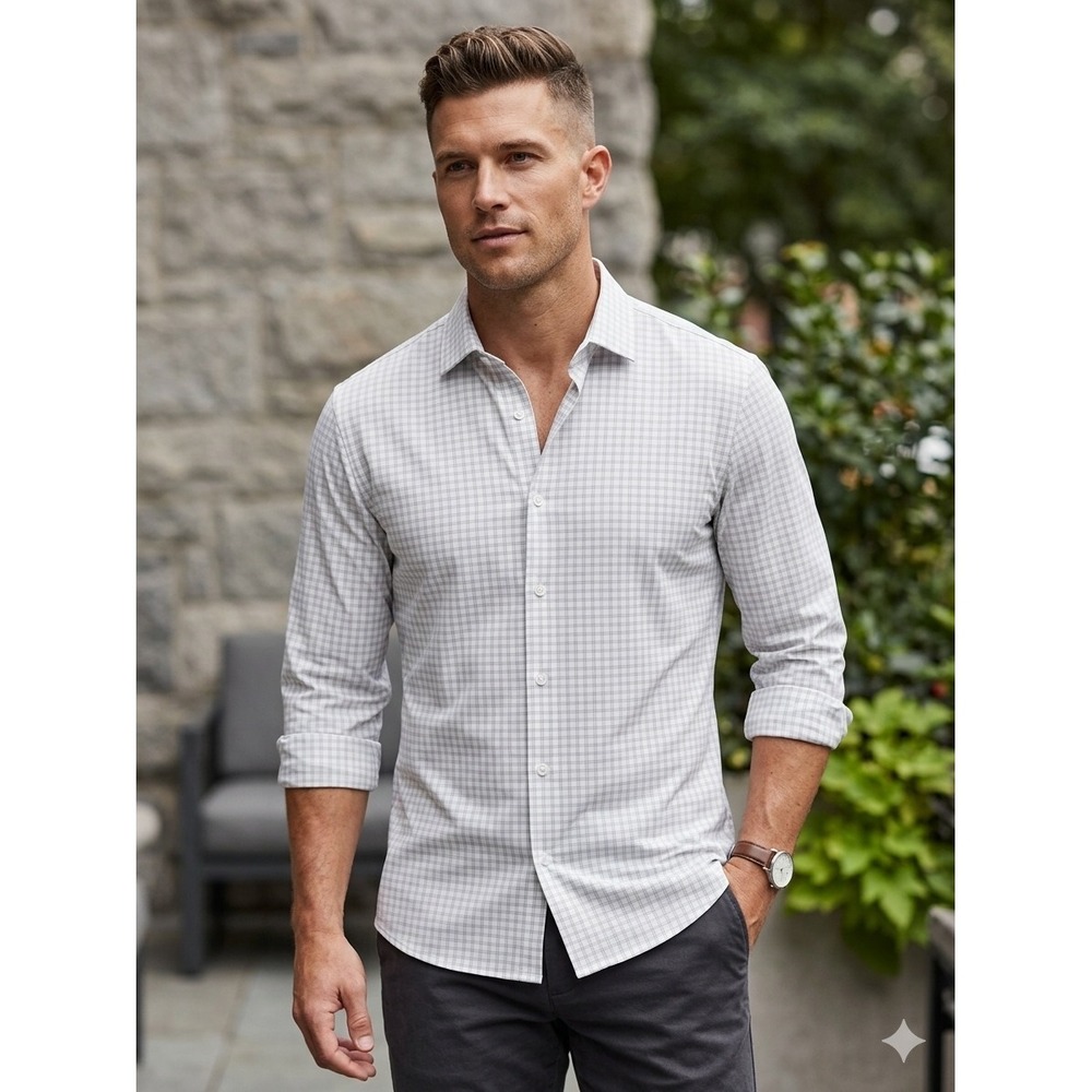 Mizzen Main Leeward Shirt Mens XL Classic Fit Grey White Windowpane Performance